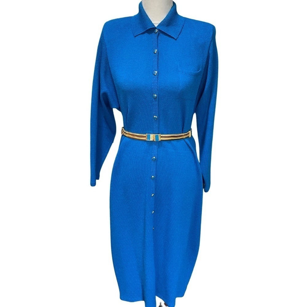 St. John by Marie Gray Knit Sweater Collard Dress With Gold and Blue Belt